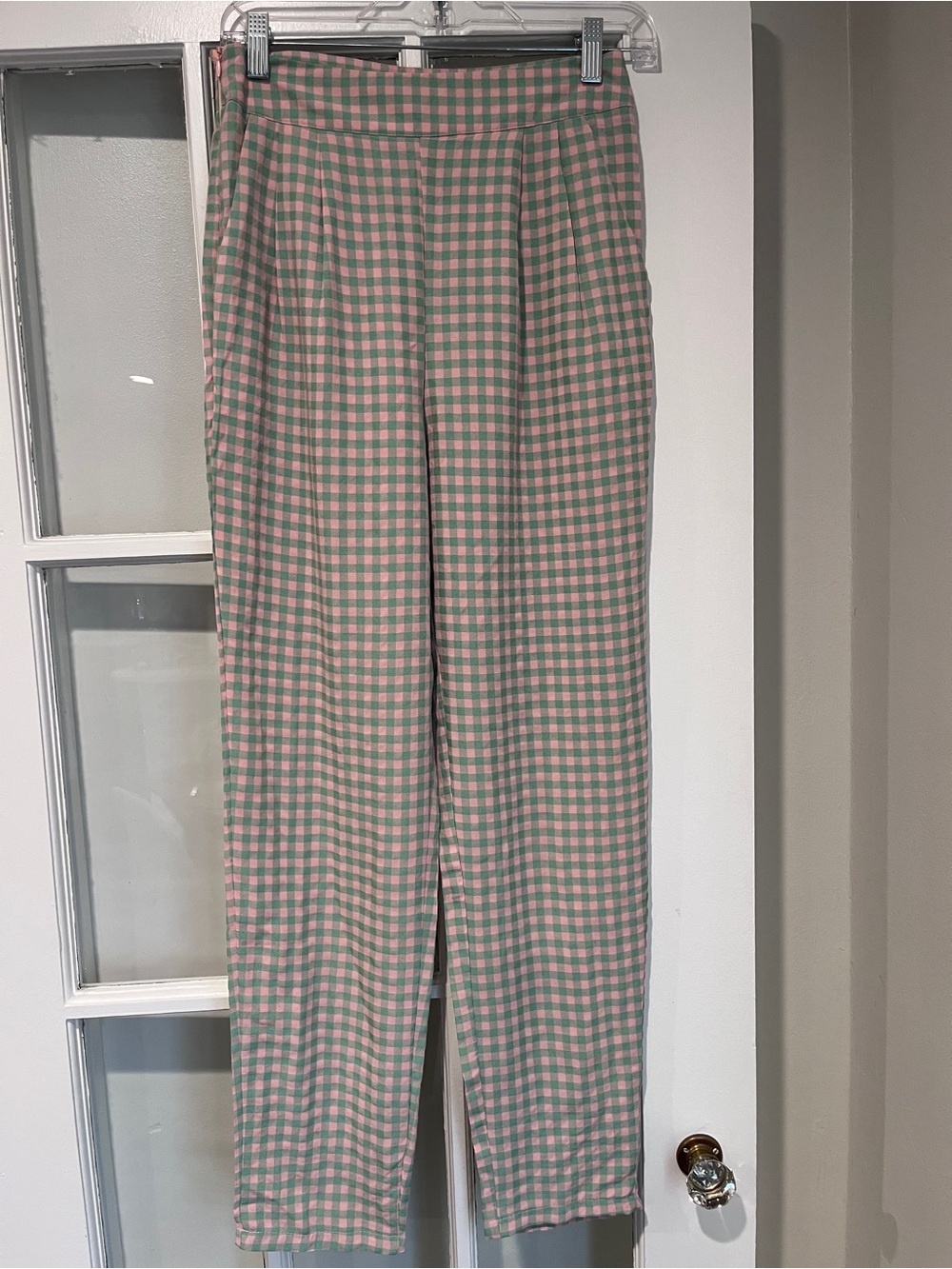 NWT Nasty Gal Seersucker Pink Green Gingham Check Pleated Trouser Pants US 4